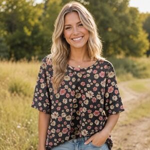 Freeloader Multicolor Floral Hi Low Blouse Boho Hippie Flower Child Feminine M